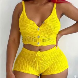 Sexy Crochet Yellow Shorts Set